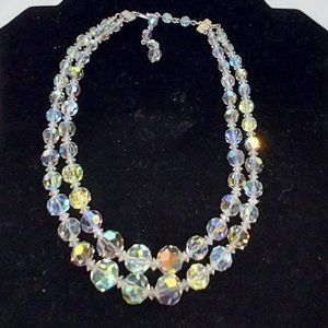 Brilliant Aroura Borealis two strand cut crystal vintage necklace